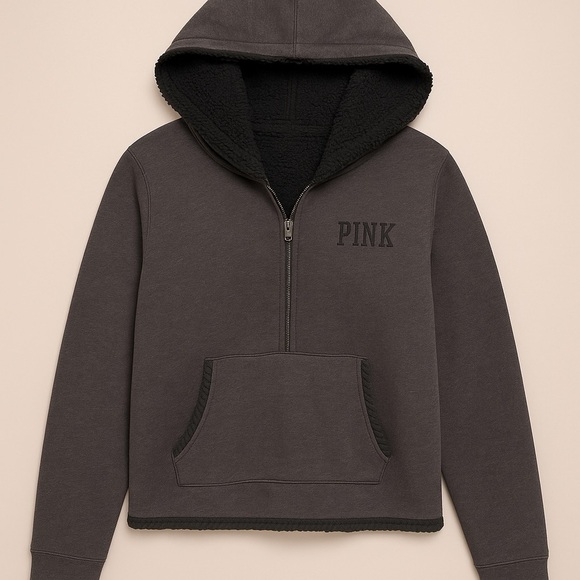 PINK Victoria's Secret Tops - Victoria’s Secret PINK Cozy & Warm Sherpa-Lined Zip-Up Hoodie 🖤✨ Size Small